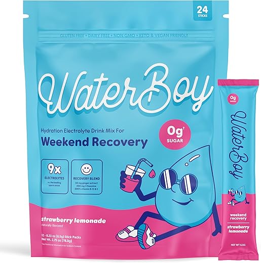 Weekend Recovery | Pacotes de Pó de Eletrólitos de 3.200mg | Vitaminas de Gengibre L-Theanine | Sem Açúcar, 100% Natural, Sem Glúten | 24 Sachês de Bebida (Limão com Morango) - Waterboy