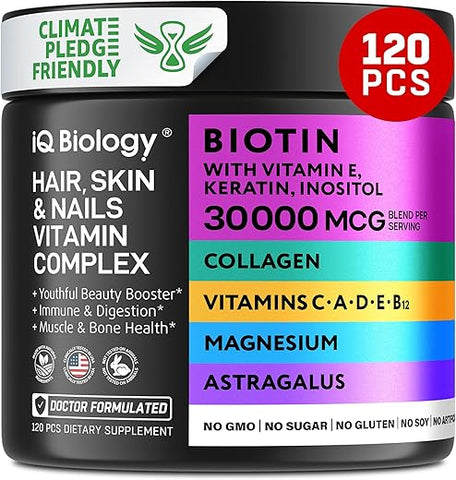 IQ BIOLOGY - Suplemento Capilar para Crescimento dos Cabelos com Astragalus e Biotina – Suplementos Capilares para Crescimento dos Cabelos