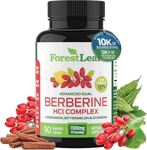 ForestLeaf - Berberine 1300mg por Porção – Ultra Potência Testada 97%% Berberine HCl com Canela do Ceilão e Melão Amargo – 60 Cápsulas