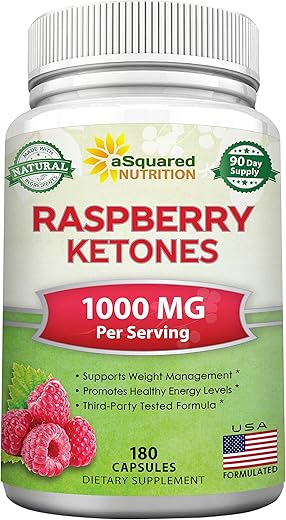 Cápsulas de Cetona de Framboesa Natural 1000mg-180 – Suplemento para Perda de Peso, Potência Máxima e Supressor de Apetite – Pó Premium para Saúde Magra – Marca aSquared Nutrition - aSquared Nutrition