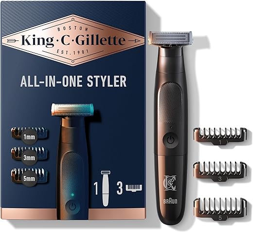 Aparador de Barba King C. Gillette All-in-One com Lâmina 4D e 3 Pentes Intercambiáveis, à Prova d’Água, Cuidados com a Barba, Duração de 6 Meses
