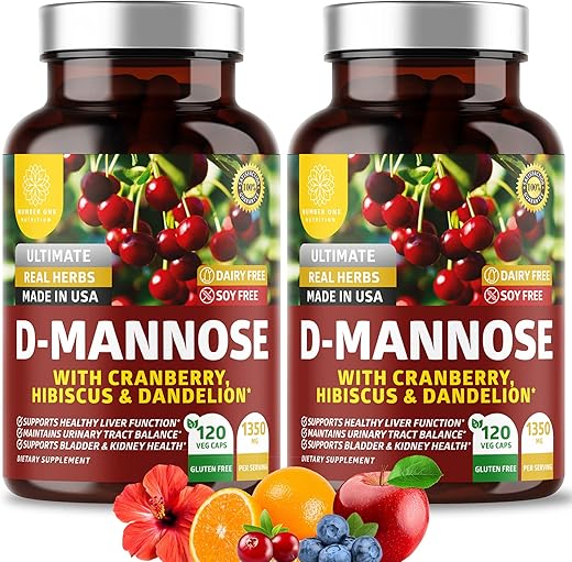 2-Pack N1N Premium D Mannose com Cranberry e Dandelion [Força Máxima, 1350mg] Suporte à Saúde do Trato Urinário, Elimina Impurezas e Suporte à Saúde da Bexiga - Number One Nutrition