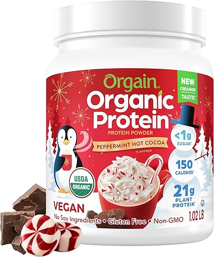 Proteína em Pó Vegana Orgânica, Sabor Cacau Quente de Hortelã-Pimenta – 21g de Proteína Vegetal, 5g de Fibra Prebiótica, Ingredientes sem Lactose, Não-OGM, Shakes - Orgain