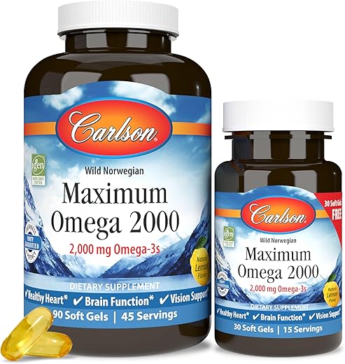Ômega Máximo 2000, 2000 mg de Ácidos Graxos Ômega-3 Incluindo EPA e DHA, Óleo de Peixe Norueguês de Captura Selvagem, Cápsulas de Óleo de Peixe Sustentável, Limão, 90 30 - Carlson