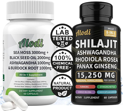 Alodi - Sea Moss Shilajit Ultra Wellness Bundle – Shilajit 9000mg Ashwagandha 2000mg Ginseng Rhodiola Cordyceps Sea Moss 3000mg Black Seed Turmeric Bladderwrack Burdock Root (60 cápsulas)