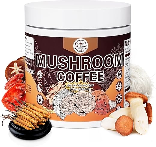 Relesvo - Café de Cogumelo Instantâneo em Pó (20 Porções) com Cordyceps, Reishi, Lion’s Mane, Shiitake, King Trumpet – Energia e Foco