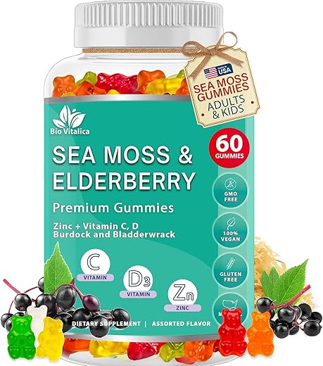 Gomas de Algas Marinhas BIO VITALICA Elderberry BioVitalica – Vitamina C D Zinco – Gomas Veganas de Algas Marinhas com Gel de Algas Marinhas – 60g