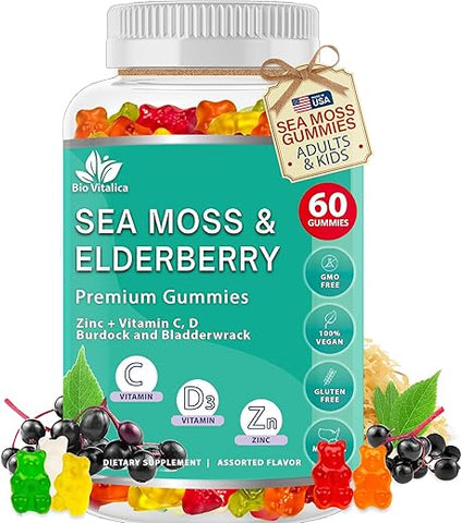 Gomas de Algas Marinhas BIO VITALICA Elderberry BioVitalica – Vitamina C D Zinco – Gomas Veganas de Algas Marinhas com Gel de Algas Marinhas – 60g