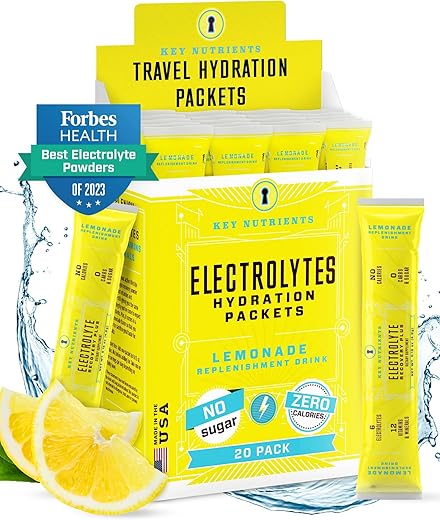 Pacotes de Pó de Eletrólitos Limonada Refrescante 20 Pacotes de Hidratação – Pó de Hidratação para Viagem – Sem Açúcar, Sem Calorias, Sem Glúten – Fabricado nos EUA - KEY NUTRIENTS