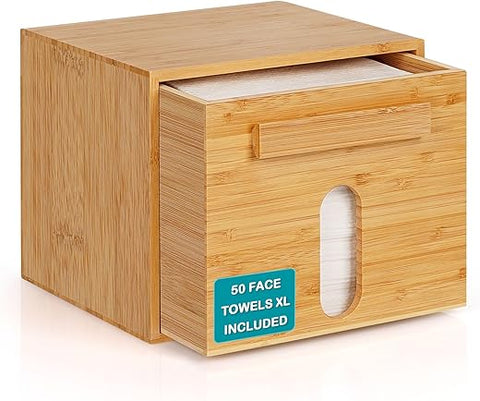 Tohiasen - Toalha Facial Descartável XL Armazenada em Caixa de Bambu de Luxo, Lenços Faciais Descartáveis com 50 Unidades, Toalha Facial 100%% Algodão, Pano Removedor de Maquiagem e Lenços Secos para Limpeza Facial