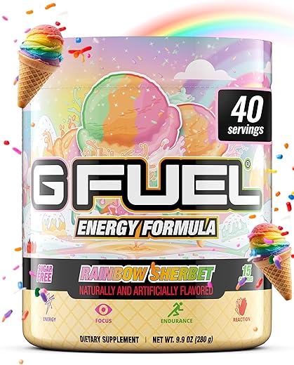 Gamma Labs - G Fuel Rainbow Sherbet – Pó Energético, Sem Açúcar, Cafeína Limpa, Suplemento para Foco, Mistura para Água, Aminoácidos para Foco, Vitaminas e Antioxidantes – 280g (40 Porções)