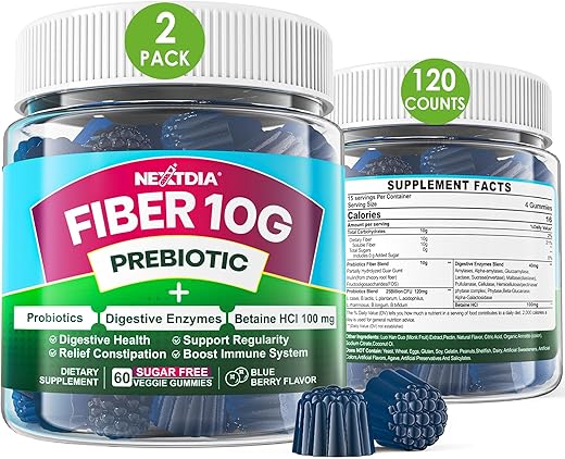 Nextdia - Fiber Gummies para Adultos, Sem Açúcar 10g Suplemento de Fibra Prebiótica com Enzimas Digestivas, Probióticos