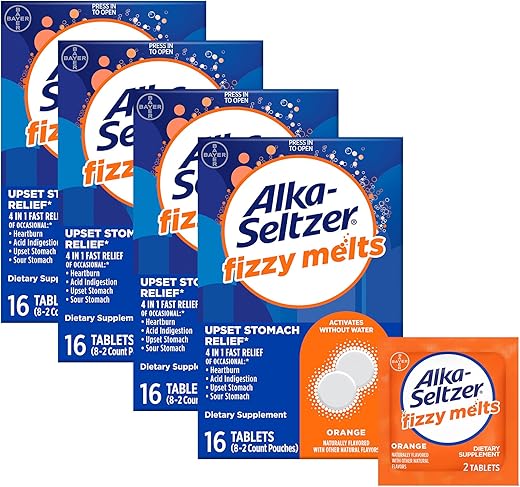 Fizzy Melts: Tabletes Antiacide e Suplemento Dietético para Alívio de Azia e Indigestão Ácida, Dissolvem na Língua, Sem Necessidade de Água, Sabor Laranja - Alka-Seltzer