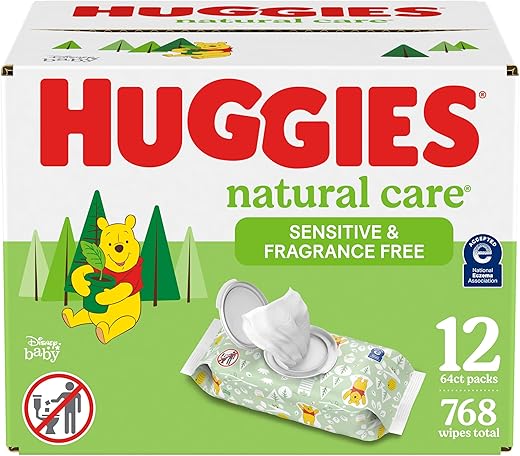 HUGGIES - Huggies Natural Care Lenços Umedecidos para Bebês Sensíveis, Sem Perfume, Hipoalergênicos, 99% Água Purificada, 12 Pacotes com Tampa Flip-Top (768 Lenços no Total), Embalagem Pode Variar