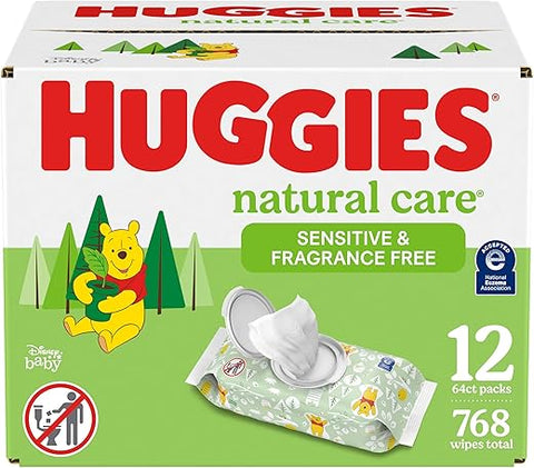 HUGGIES - Huggies Natural Care Lenços Umedecidos para Bebês Sensíveis, Sem Perfume, Hipoalergênicos, 99% Água Purificada, 12 Pacotes com Tampa Flip-Top (768 Lenços no Total), Embalagem Pode Variar