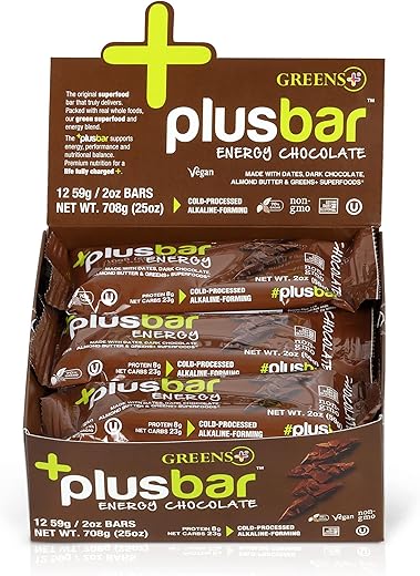 Greens+ - Barras Energéticas Greens Plusbar, Chocolate, Snacks Saudáveis Sem Glúten com Super Verdes Orgânicos, Superfoods | 100g