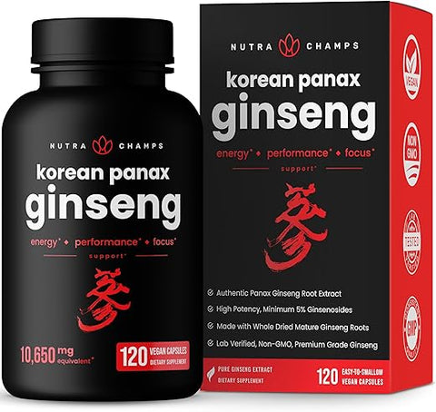 Cápsulas de Ginseng Vermelho Coreano NutraChamps | Ginsenosídeos Extra Fortes para Energia, Foco, Desempenho e Vitalidade