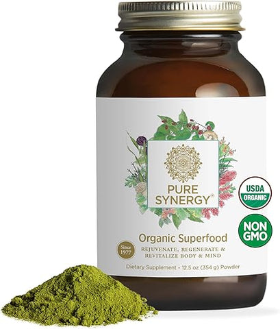 Pó Orgânico de Superfood | Pó Orgânico de Superfood Verde | Suplemento Alimentar Integral com Verdes Orgânicos, Spirulina e Cogumelos | Para Energia, Envelhecimento Saudável e - PURE SYNERGY