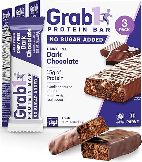 GRAB1 - Grab1 Barras de Proteína Sem Açúcar, Chocolate Amargo Sem Lactose (3 Pacotes = 12 Barras) | 12g Proteína 4g Fibra | Baixa Caloria | Zero Açúcar