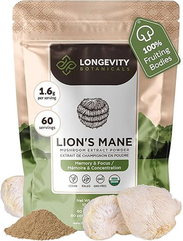 Pó de Cogumelo do Leão Orgânico – Concentrado Ultra de Cogumelo do Leão – Promove Clareza Mental, Foco e Memória – 100% Corpo Frutífero – 60g - Longevity Botanicals