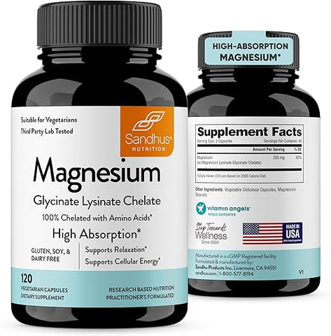 Sandhu's - Sandhu’s Magnésio Glicinato Lisinato | 120 Cápsulas Veganas Queladas Fáceis de Engolir | Suplemento de Quelato de Lisina de Magnésio para Alta Absorção | para Melhor Sono, Cãibras nas Pernas