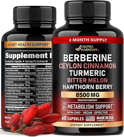 NUTRAHARMONY - Berberine com Canela do Ceilão 10000 mg com Vinagre de Maçã | Espinheiro | Bergamota Cítrica | Melão Amargo – Suplemento 15 em 1 para Suporte Cardíaco e Metabolismo