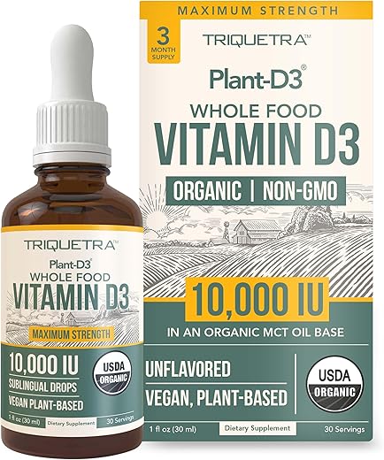 Triquetra Health - Vitamina D3 Orgânica 10.000 UI – Plant D3, Vegana, Alta Absorção – Gotas Sublinguais de D3 Líquida – 200%% Mais Absorção, Fórmula 100%% à Base de Plantas Cholecalciferol