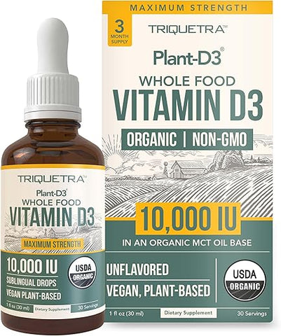Triquetra Health - Vitamina D3 Orgânica 10.000 UI – Plant D3, Vegana, Alta Absorção – Gotas Sublinguais de D3 Líquida – 200%% Mais Absorção, Fórmula 100%% à Base de Plantas Cholecalciferol