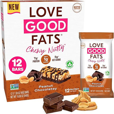 LOVE GOOD FATS - Barras de Proteína Love Good Fats à base de plantas Keto – Amendoins Crocantes e Chocolate Amargo – 13g de Gorduras Boas, 7g de Proteína, 5g de Carboidratos Líquidos, 1g de Açúcar, Sem Glúten, Não-OGM – Amendoim