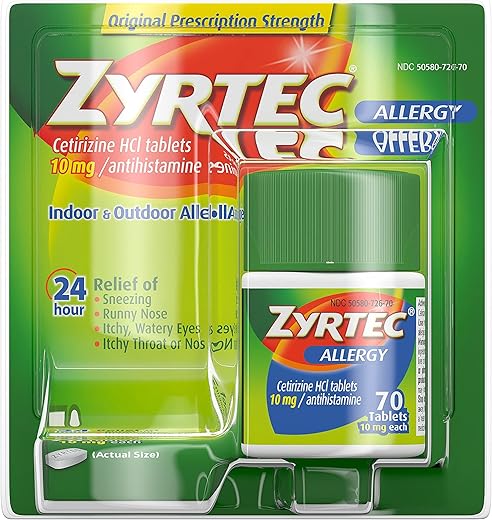 24 Horas Alívio de Alergia Comprimidos, 10 mg Cetirizina HCl Antialérgico, 70 un - Zyrtec