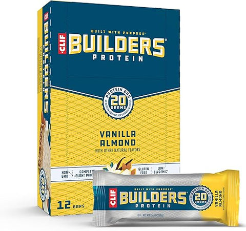 CLIF BUILDER'S - CLIF Builders – Barra de Proteína à Base de Plantas – Sabor Baunilha Amêndoa – Sem Glúten – Não-OGM – Baixo Índice Glicêmico – 20g Proteína – 68g (12 Unidades)
