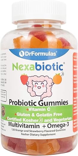 Gomas Multivitamínicas com Ômega 3 e Probióticos para Crianças e Adultos com Vitamina C | Nexabiotic com Vitamina A, C, D3, E, B6, B12 e Zinco, Biotina, Ácido Fólico | Kosher - DrFormulas