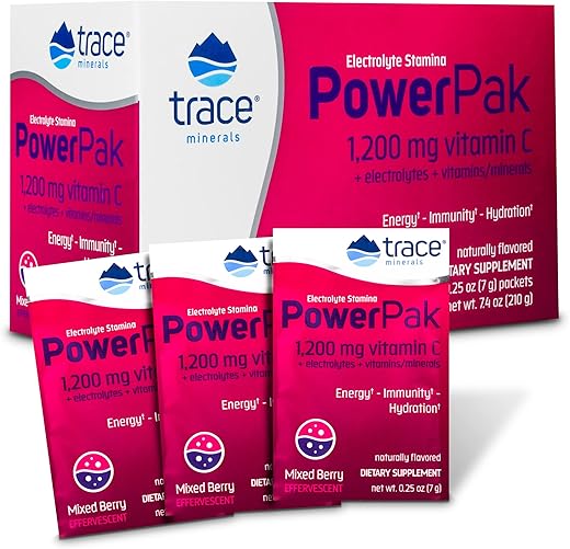 Power Pak Pó Eletrólito | 1200 mg Vitamina C, Zinco, Magnésio | Reforça Imunidade, Hidratação e Energia Natural | Mixed Berry | 30 Pacotes - Trace Minerals