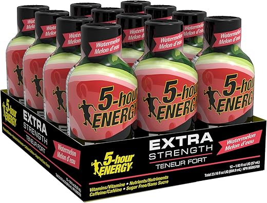 Living Essentials - 5-Hour Energy Shot Extra Strength Sem Açúcar Sabor Melancia 1,93 oz (Embalagem com 12) – Energético de Marca