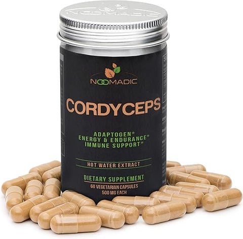 Noomadic - Cordyceps Mushroom 60 Cápsulas 500mg Ativador AMPK Extrato em Água Quente Cultivado em Madeira Corpos Frutíferos 30%% Beta-D-Glucanos Yartsa Gunbu Fungo de Lagarta