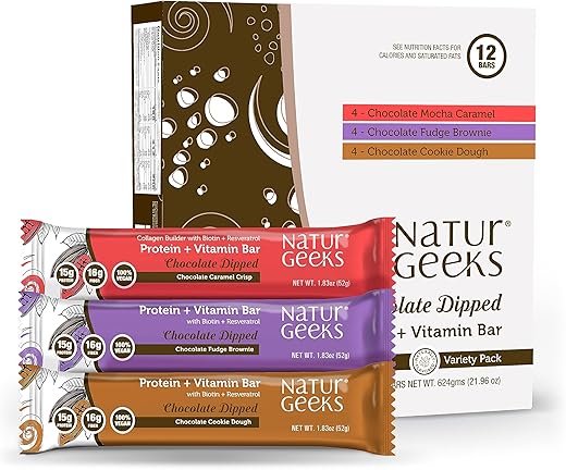 Barras de Proteína Vegana, Sem Açúcar Adicionado, Baixa Caloria, Sem Glúten, Lanches Saudáveis Livres de Laticínios com Biotina, Vitaminas e 15g de Proteína Vegetal em Barra Substituta de Refeição - NaturGeeks
