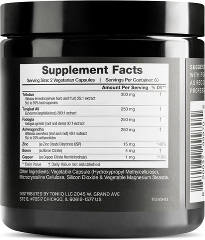 Elite T Formula - Ultra High Potency 200:1 Tongkat Ali, 30:1 Fadogia & 25% Withanolides Ashwagandha - Tribulus with 95% Saponins, Zinc, Boron & Copper - Third-Party Lab Tested - 120 Capsules
