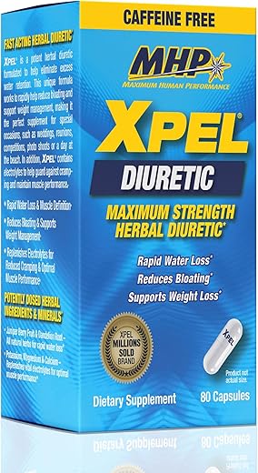 Maximum Human Performance - MHP Xpel: Diurético Máximo para Alívio da Retenção de Água, Suporte para Perda de Peso, Livre de Cafeína com Vitamina B-6, Potássio, Raiz de Dente-de-leão, 80 Cápsulas