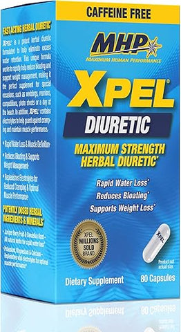 Maximum Human Performance - MHP Xpel: Diurético Máximo para Alívio da Retenção de Água, Suporte para Perda de Peso, Livre de Cafeína com Vitamina B-6, Potássio, Raiz de Dente-de-leão, 80 Cápsulas