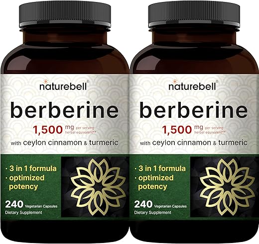 NatureBell - Berberine 1500mg – 2 Frascos com 480 Cápsulas Vegetais | Canela Ceylon Verdadeira 1000mg