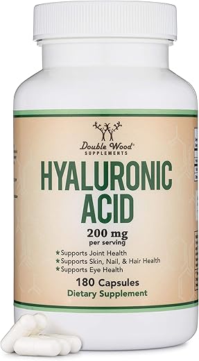Double Wood Supplements - Suplemento de Ácido Hialurônico – 180 Cápsulas (Potencializa os Efeitos do Soro de Ácido Hialurônico para o Rosto) 200mg por Porção para Suporte à Pele e ao Envelhecimento Facial (Acido Hialurônico) Livre de Glúten