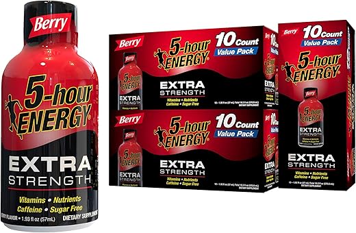Shots Extra Strength, Sabor de Frutas Vermelhas | 1,93 oz (54,7 g) | Sem Açúcar, Zero Calorias | Aminoácidos e Vitaminas B Essenciais | Suplemento Alimentar | Sinta-se Alerta e Energizado - 5-hour ENERGY