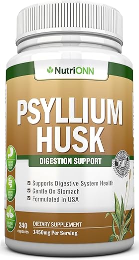 NutriONN - Cápsulas de Psyllium Husk – 1450mg Por Porção – 240 Cápsulas – Dupla Potência – Suplemento Premium de Fibra de Psyllium – Ótimo para Digestão e Regularidade – 100% Fibra Solúvel Natural