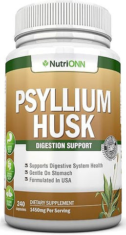 NutriONN - Cápsulas de Psyllium Husk – 1450mg Por Porção – 240 Cápsulas – Dupla Potência – Suplemento Premium de Fibra de Psyllium – Ótimo para Digestão e Regularidade – 100% Fibra Solúvel Natural
