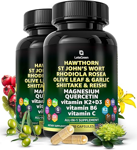 LetaGreen - Cápsulas de Espinheiro-Alvar Orgânico – Extrato de Espinheiro-Alvar 2000mg com Hipérico 2500mg Rhodiola Rosea 4000mg Folha de Oliveira 1000mg Shiitake 1000mg Cogumelo Reishi 1000mg Quercetina