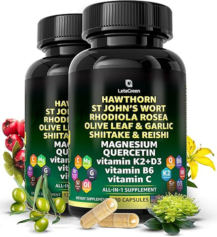 LetaGreen - Cápsulas de Espinheiro-Alvar Orgânico – Extrato de Espinheiro-Alvar 2000mg com Hipérico 2500mg Rhodiola Rosea 4000mg Folha de Oliveira 1000mg Shiitake 1000mg Cogumelo Reishi 1000mg Quercetina