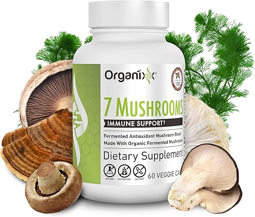 Suplemento Orgânico de Cogumelos, 7 Tipos de Cogumelos Fermentados, Leão da Montanha, Shiitake, Cordyceps, Cauda de Peru, Reishi, para Suporte Imunológico, Suporte Digestivo, 60 cápsulas - Organixx
