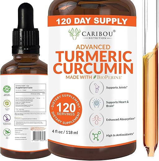 Caribou Nutrition - Curcuma Líquida com Curcumina e Bioperina para Absorção Aumentada – Suporte Articular – Extrato de Curcuma com Pimenta Preta – 2 Meses de Fornecimento – 120ml