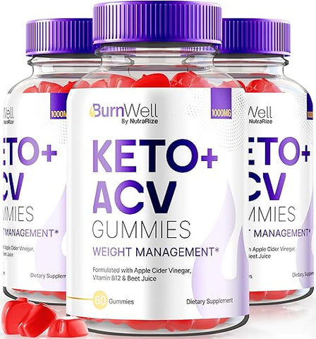 NutraRize - (3 Pack) Gomas BurnWell Keto ACV, Fórmula Avançada de Gomas Burn Well Keto ACV, 1000 MG Vinagre de Maçã, Keto com Vitaminas B e Goma de ACV, Avaliações Oficiais (180 Gomas)