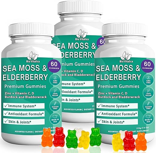 3 Pack) Gomas de Algas Marinhas e Sabugueiro BioVitalica – Vitamina C D Zinco – Goma Vegana de Algas Marinhas com Gel de Algas Marinhas - BIO VITALICA